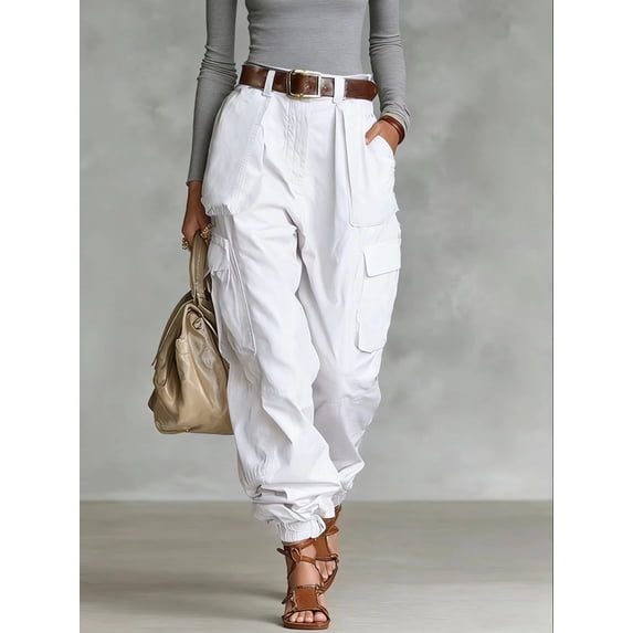 Women's Multi-Pocket Cargo Jogger Pants High Waist Pleated Wide Leg Trousers with Elastic Ankle Cuffs