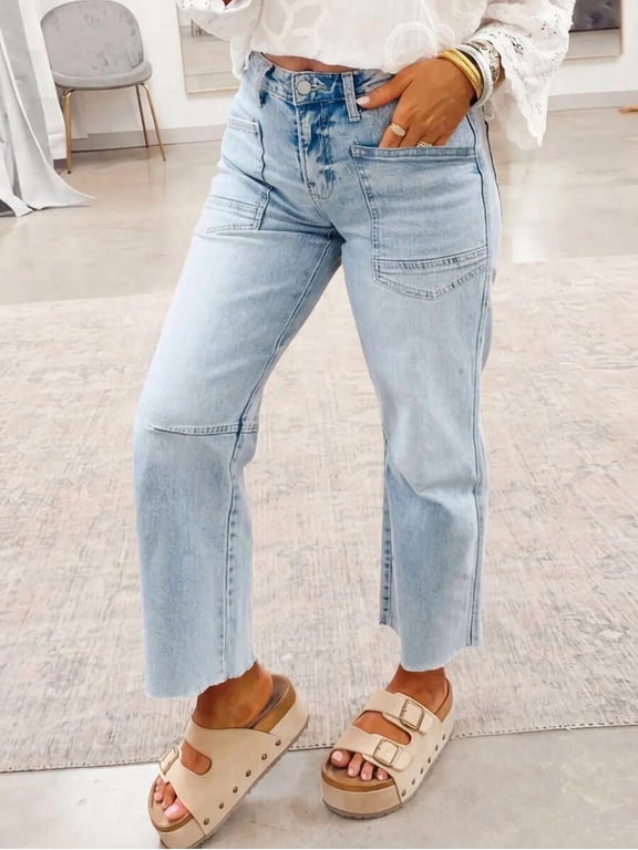 Women's Multi Pocket Cropped Straight Leg Jeans, Frayed Hem Relaxed Retro Casual Trousers
