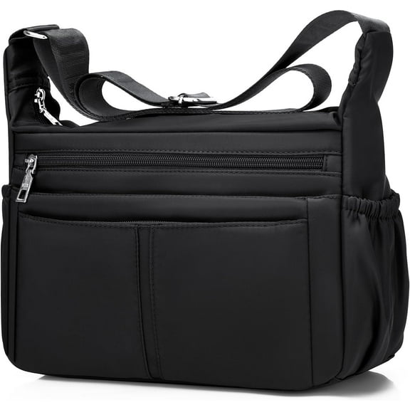 Women's Multi-Pocket Shoulder Handbag - Water-Resistant Nylon Crossbody Bag, Large Purses, Lightweight Messenger Bag - Brown