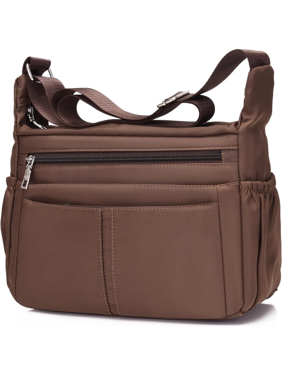 Women's Multi-Pocket Shoulder Handbag - Water-Resistant Nylon Crossbody Bag, Large Purses, Lightweight Messenger Bag - Brown