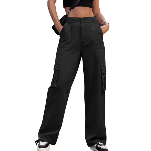 Women's Multi-Pocket Work Pants, High Waist Straight Wide Leg Trousers, Slimming Casual Utility Pants for Outdoor, Work and Street Style,Black,M