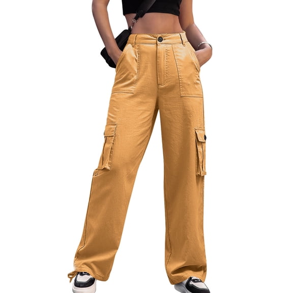 Women's Multi-Pocket Work Pants, High Waist Straight Wide Leg Trousers, Slimming Casual Utility Pants for Outdoor, Work and Street Style,Ginger,L
