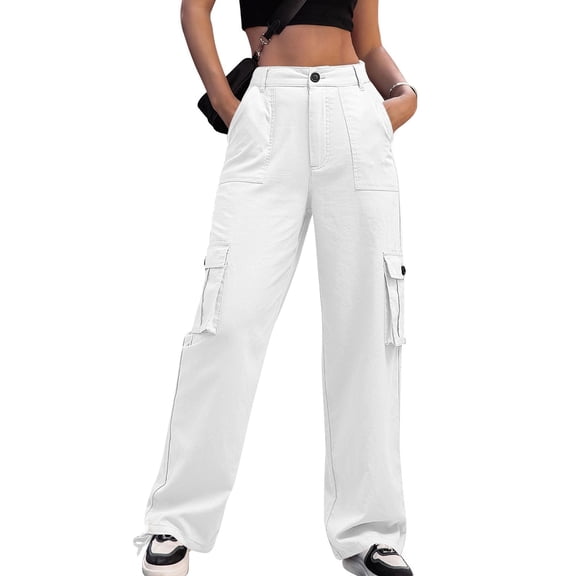 Women's Multi-Pocket Work Pants, High Waist Straight Wide Leg Trousers, Slimming Casual Utility Pants for Outdoor, Work and Street Style,White,2XL
