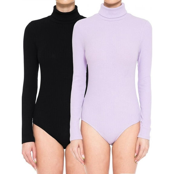 Women's Multi-Ribbed Stretchy Jersey Turtle Neck Long Sleeve Top Leotard Bodysuit- 2pack Set