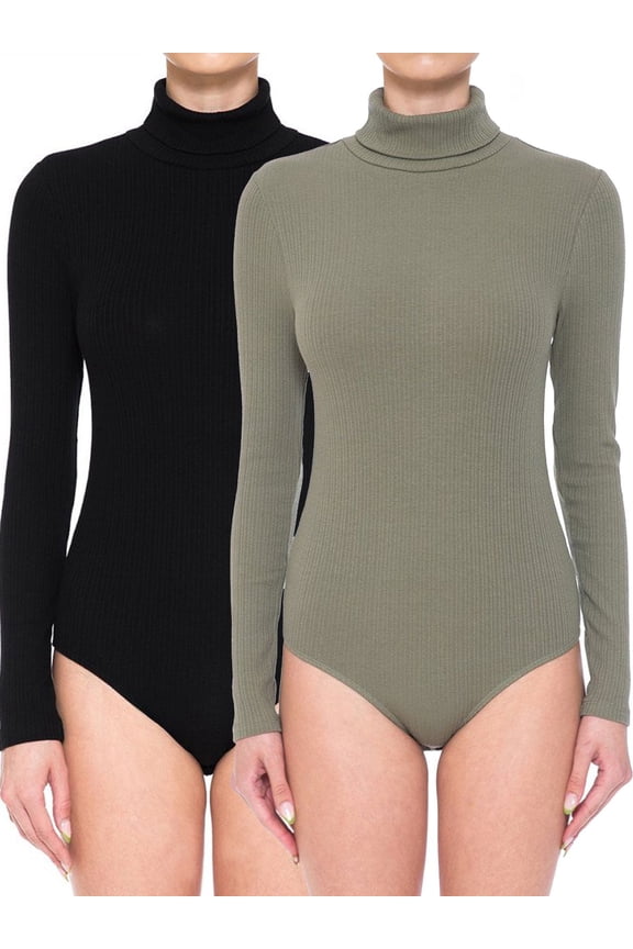 Women's Multi-Ribbed Stretchy Jersey Turtle Neck Long Sleeve Top Leotard Bodysuit- 2pack Set