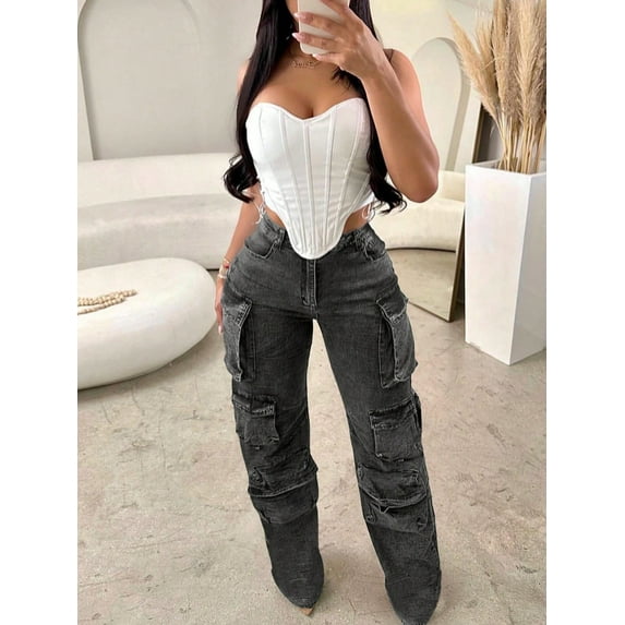 Women’s Multi‑Color Loose Wide‑Leg Work Jeans – Multi‑Pocket Sporty Streetwear, Plus Sizes
