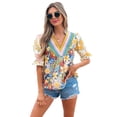 thumbnail image 1 of Women's Multicolor Crochet V Neck Half Sleeve Boho Floral Blouse - [ZhiHiMeRi] | (US 12-14)L, 1 of 12