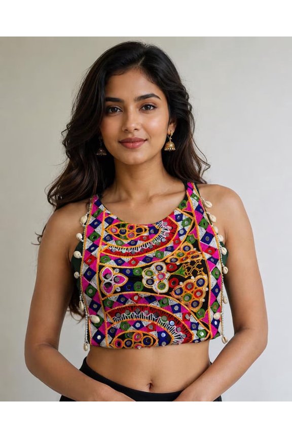 Women's Multicolor Gujarati Kutchi Embroidered Mirror Work Blouse for Navratri Garba and Festive Occasions