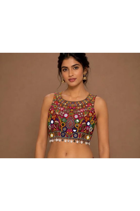 Women's Multicolor Handmade Kutchi Mirror Work Blouse Gujarati Embroidered Ethnic Blouse for Navratri Garba Festival Wear