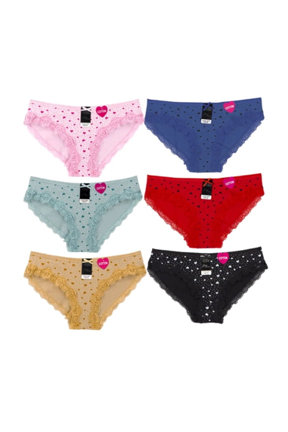 Women's Multicolor Mini Heart Pattern Lace Trim Stretch Bikini Briefs 12 Pack (M)