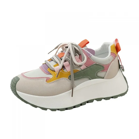 Women's Multicolor Patchwork PU Platform Sneakers, Lace-Up Casual Shoes