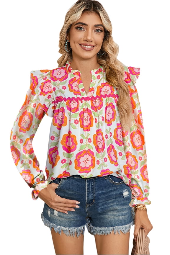 Women's Multicolor Rose Floral Printed Ruffled Long Sleeve Blouse for Casual Spring Style - [ZhiHiMeRi] | XL