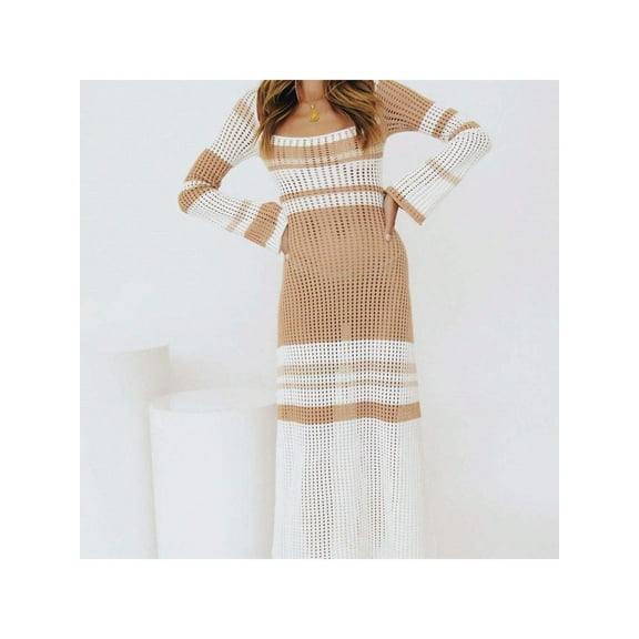 Women's Multicolor Striped Off-Shoulder Knit Dress - Large, Beige