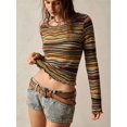 thumbnail image 1 of Women's  Multicolor Striped Ribbed Knit Long Sleeve Top Crew Neck Slim Fit Stretchy Fitted Pullover for Fall Spring Boho Retro Daily Outfits with Low Rise Denim Shorts and Belt, 1 of 8