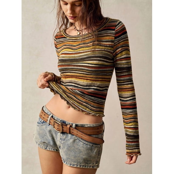 Women's Multicolor Striped Ribbed Knit Long Sleeve Top Crew Neck Slim Fit Stretchy Fitted Pullover for Fall Spring Boho Retro Daily Outfits with Low Rise Denim Shorts and Belt