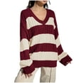 thumbnail image 1 of Women's Multicolor Striped V-Neck Long Sleeve Cable Knit Loose Fit Sweater Top, 1 of 5