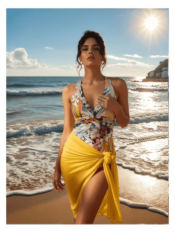 Women's Multicolor Tropical Floral Print Halter One-Piece Swimsuit with Bright Yellow Tie Waist Skirt, Two-Piece Swim Set, S-XXL