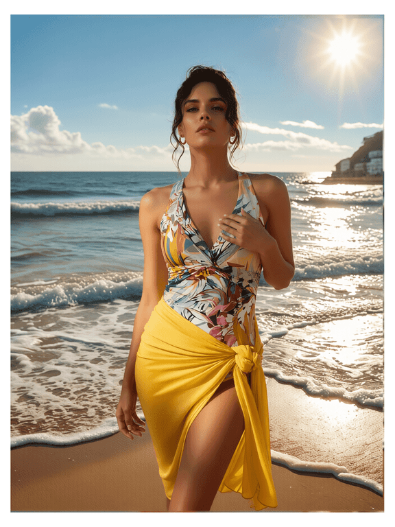 Women's Multicolor Tropical Floral Print Halter One-Piece Swimsuit with Bright Yellow Tie Waist Skirt, Two-Piece Swim Set, S-XXL