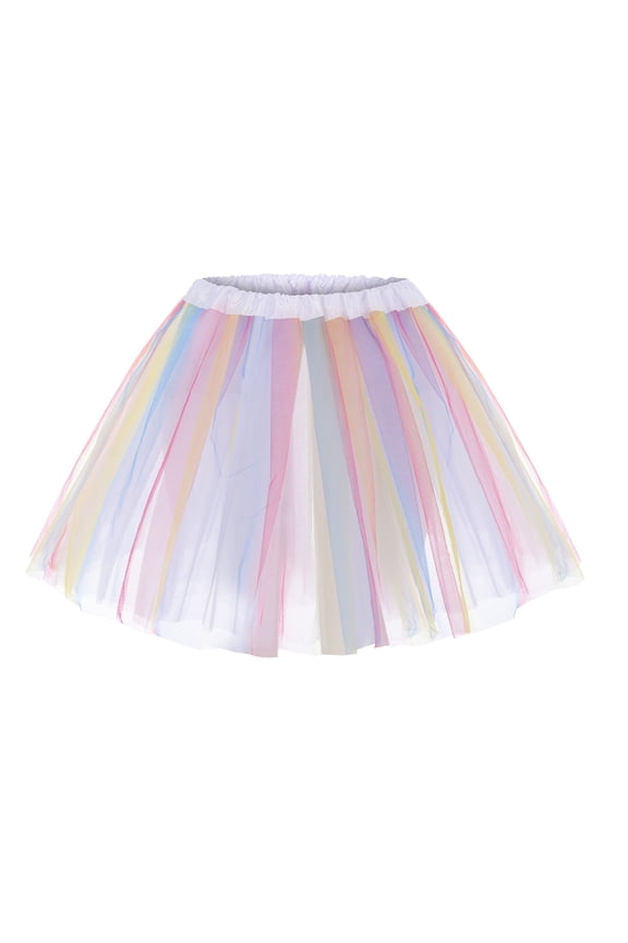 Women's Multicolor Tulle Underskirt, Rainbow Layered Poofy Short Crinoline for Volume Under Dresses, Party, Performance, and Themed Outfits, Adjustable Waist for Layering White