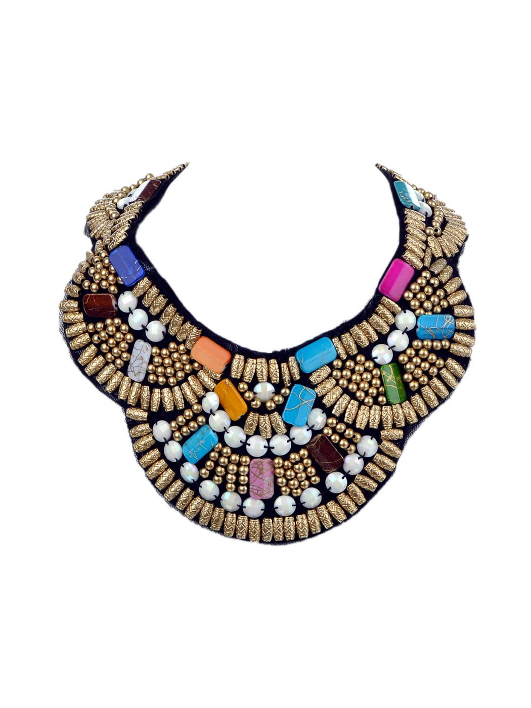 Women's Multicolored Beaded Tribal Halloween Costume Ethnic Bib Jewelry Collar Necklace