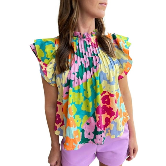 Women's Multicolour Abstract Print Pleated Flutter Sleeve Blouse - [ZhiHiMeRi] | (US 12-14)L