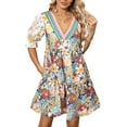 thumbnail image 1 of Women's Multicolour Boho Floral Print Crochet Patchwork V Neck Loose Mini Dress | [ZhiHiMeRi] | (US 12-14)L, 1 of 12