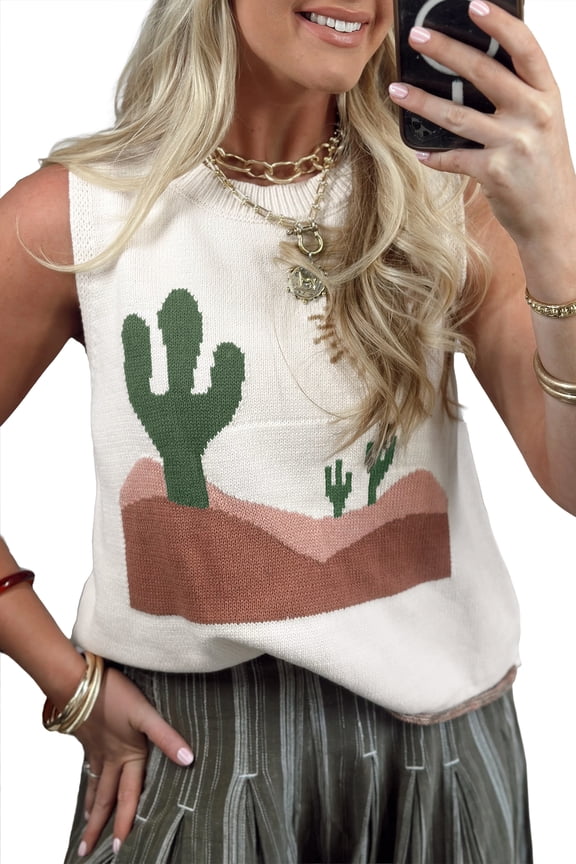 Women's Multicolour Cactus Sweater Vest – Western Sleeveless Round Neck Summer Knit Top for Daily Wear, S