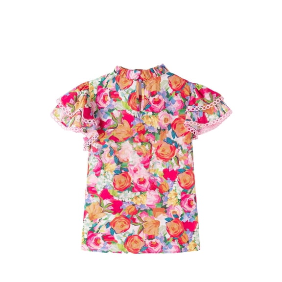 Women's Multicolour Floral Blouse with Lace Trim and Ruffle Short Sleeves | [ZhiHiMeRi] | (US 16-18)XL