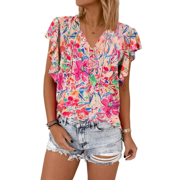 Stylish Floral Print Blouse: V Neck with Ruffled Sleeves, (US 12-14)L