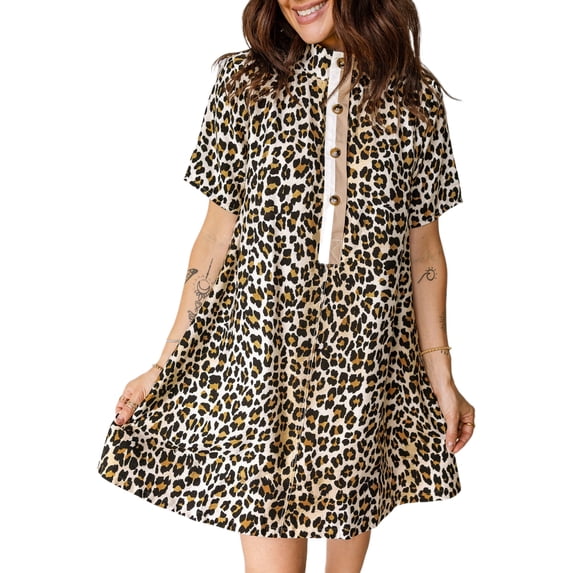 Women's Multicolour Leopard Mini Dress – Short Sleeve Shift Dress with Pockets for Summer Fun, XL