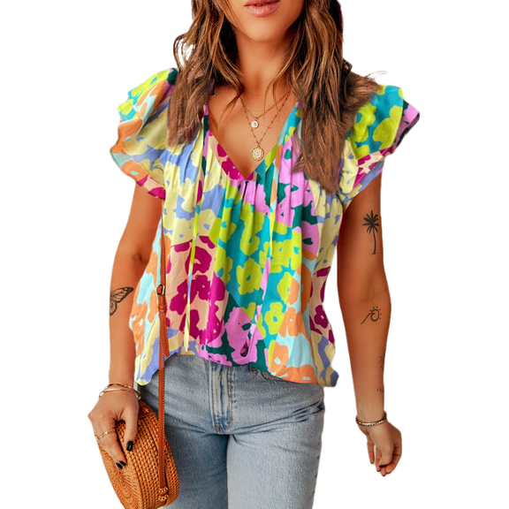 Women's Multicolour Leopard V-Neck Crinkled Blouse with Flutter Sleeves