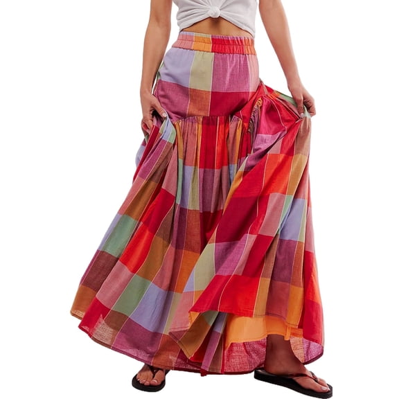 Women's Multicolour Plaid Print Ruched High Waist Casual Maxi Skirt | (US 12-14)L