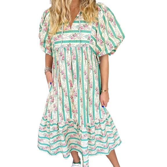 Women's Multicolour Striped Floral Print Tie Split Neck Puff Sleeve Midi Dress - [ZhiHiMeRi] | (US 12-14)L