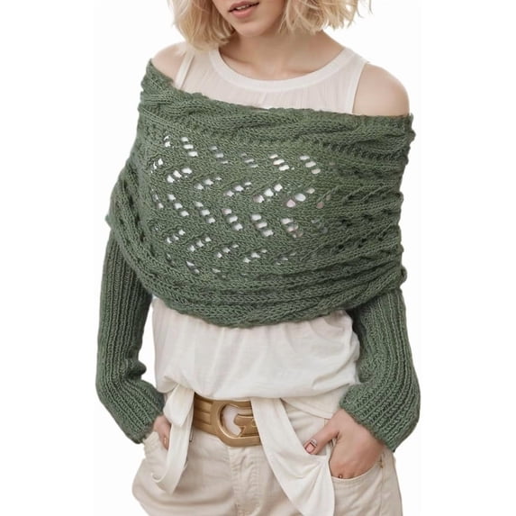 Women's Multifunctional Knitted Sleeve-Style Scarf/Shawl – Stylish Cable-Knit Crochet Cape-Shawl