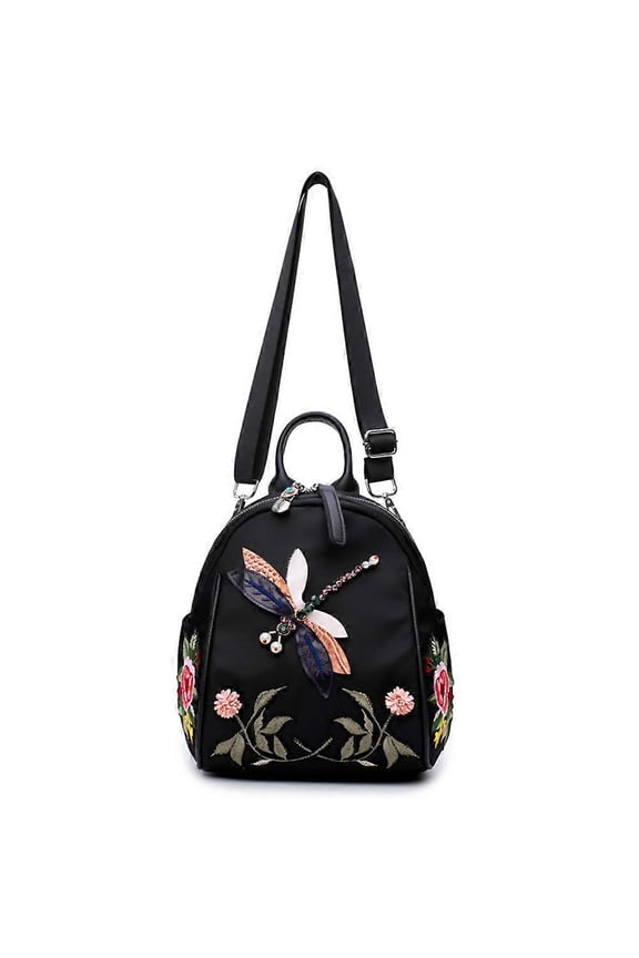 Women's Multipurpose Backpack Single Shoulder Messenger Bag National Style Dragonfly Embroidery Bag (Black)