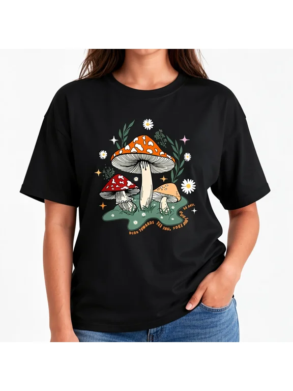Women's Mushroom Daisy Graphic T-Shirt, Cotton Crew Neck Cottagecore Tee