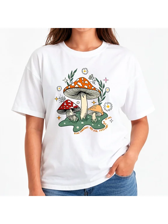 Women's Mushroom Daisy Graphic T-Shirt, Cotton Crew Neck Cottagecore Tee