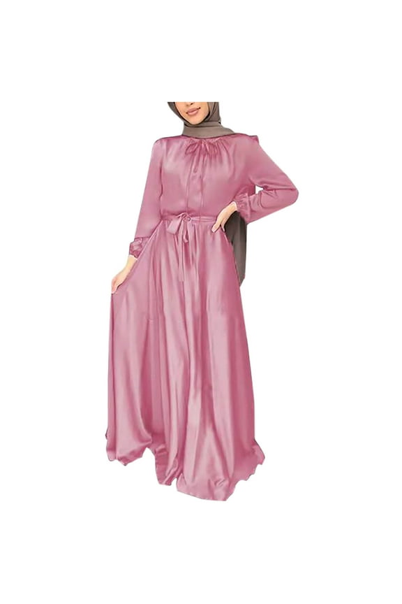 Women's Muslim Kaftan Abaya Prayer Dress Plain Satin Round Collar Long Sleeve Wrap Waist Maxi Dress
