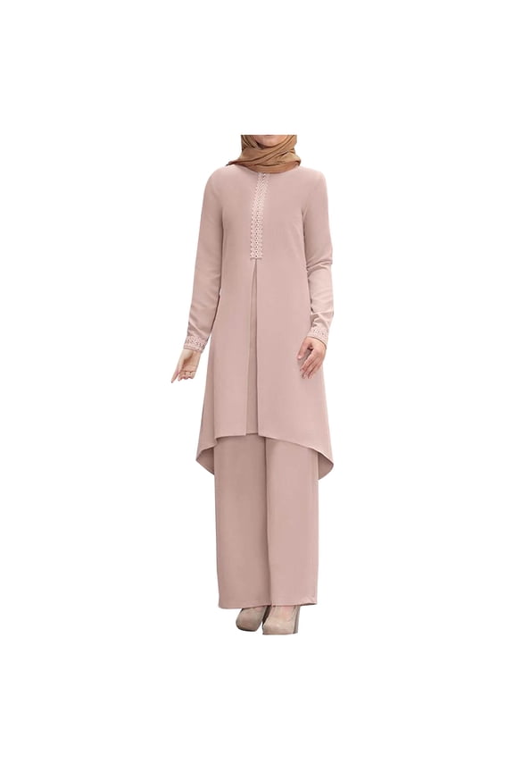 Women's Muslim Long Sleeve Blouse Wide Leg Pants Suits Solid Abaya Matching Sets 2PCS Tracksuits Turkey Kaftan