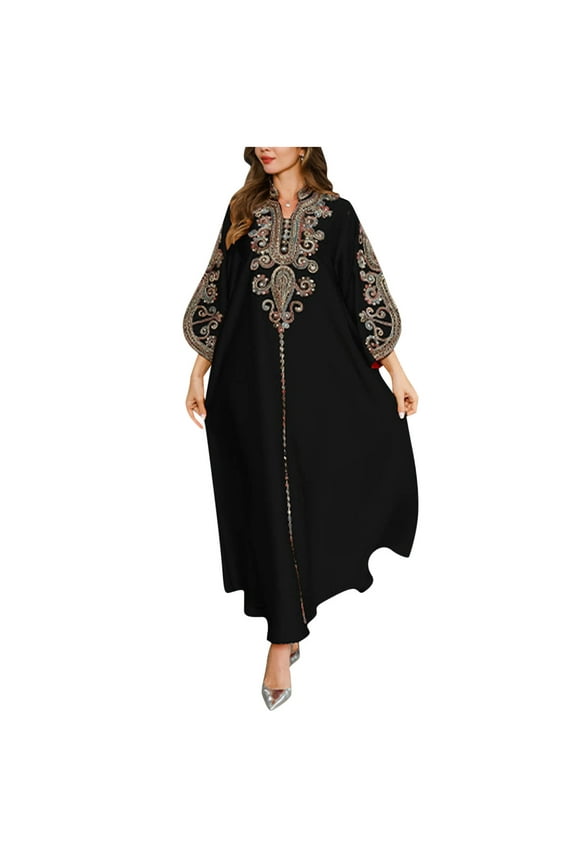 Women's Muslim Maxi Dress, Fashion Embroidered Long Sleeve Kaftan Dresses Oversized Loose Holiday Robe