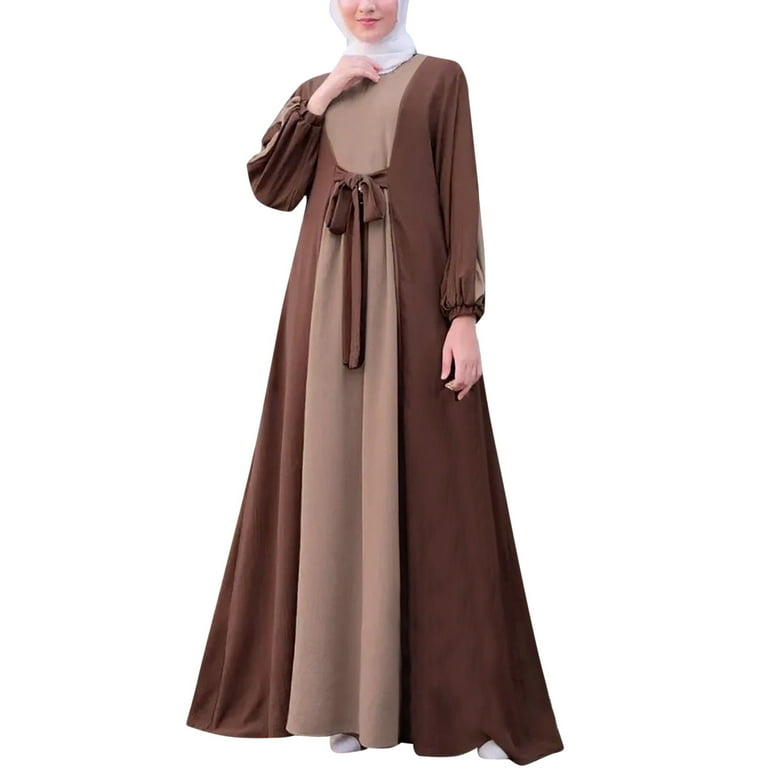 Women s Muslim Middle Women s Dress Color Block Lace Up Waist Long Sleeve Long Dress