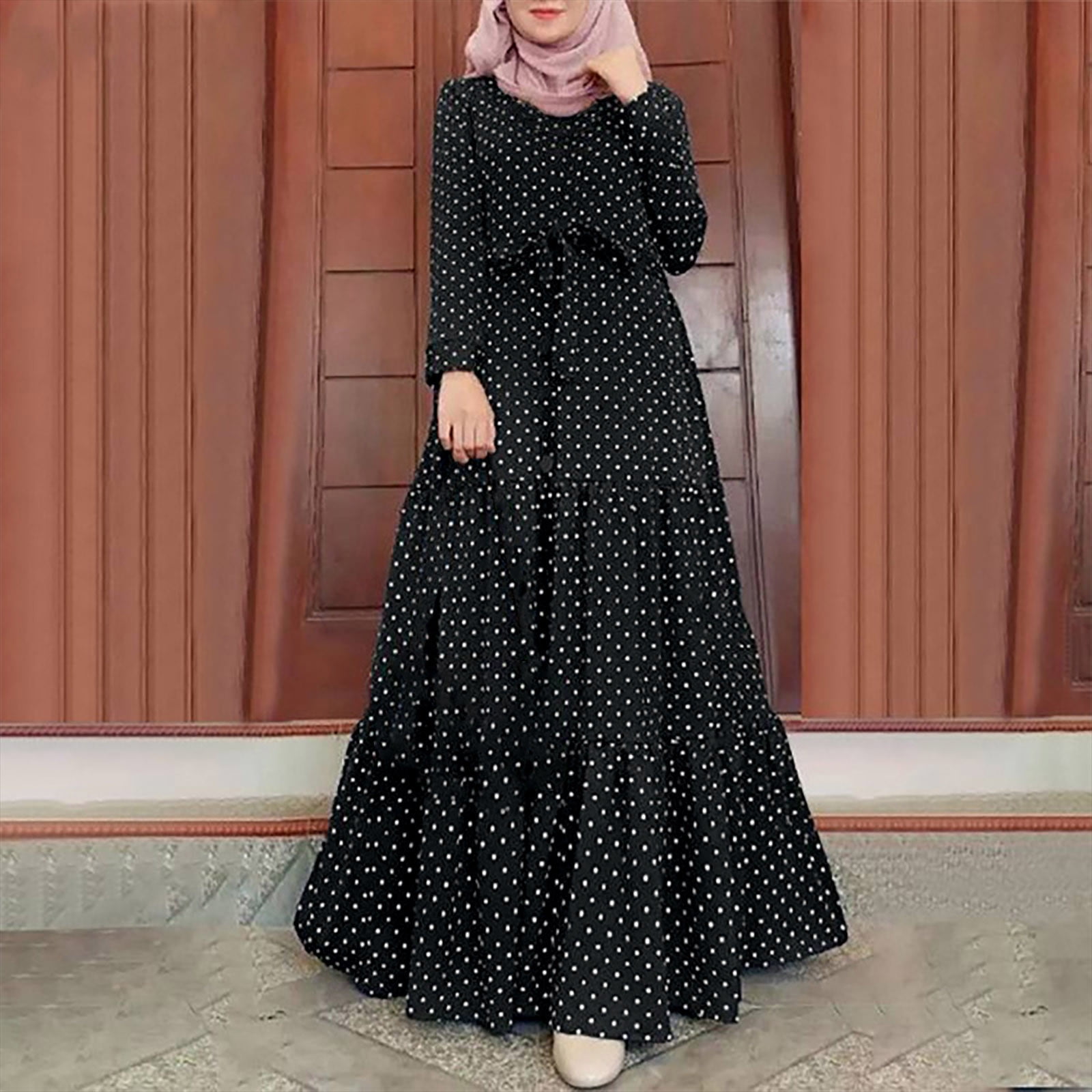Women's Muslim Dress Dots Print Full Sleeve Belted Long Dress Ruffle Ankle Length Islamic Dress - Walmart.com