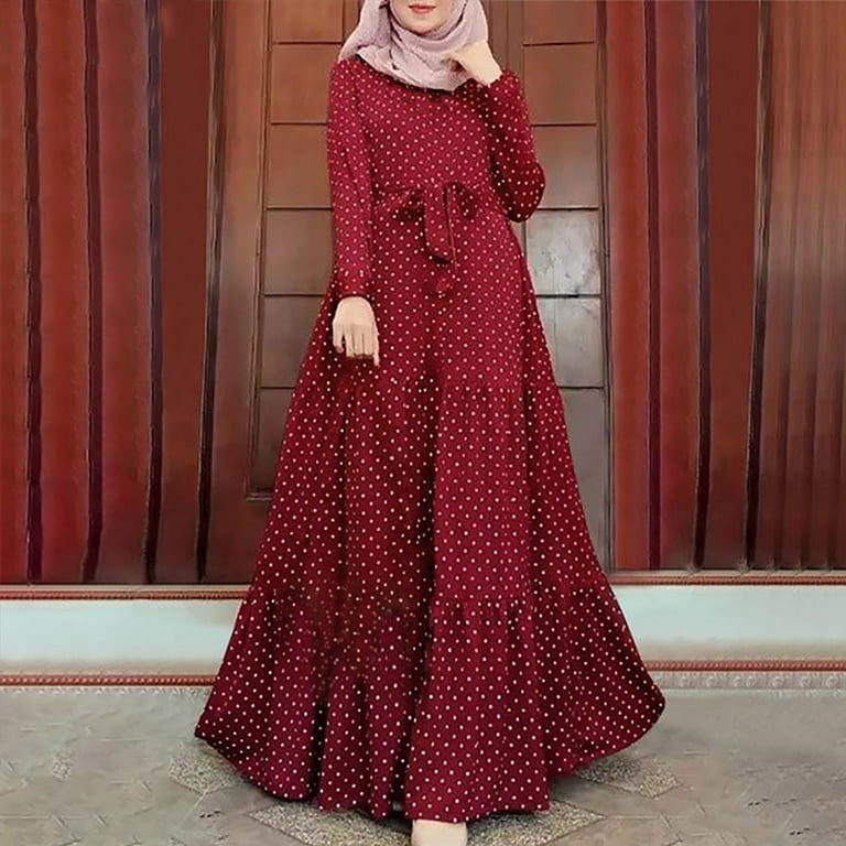 Women's Muslim Modest Dress Dots Print Full Sleeve Belted Long Dress Ruffle  Tiered Ankle Length Islamic Dress 
