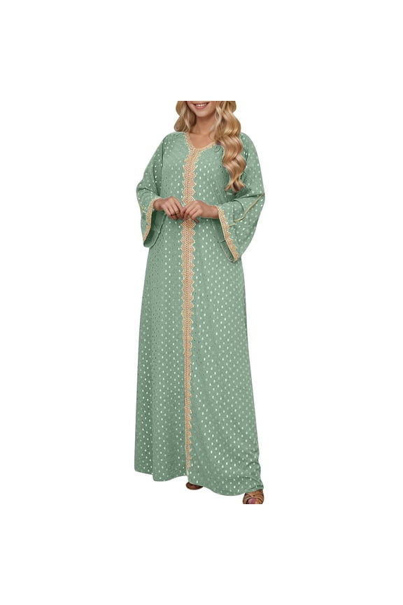 Women's Muslim Ramadan Embroidery Abayas Long Sleeve V-Neck Summer Eyelet Morocco Party Kaftan Turkey Arab Maxi Robe