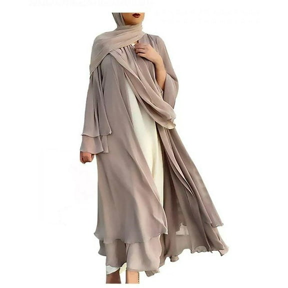 Women Chiffon Muslim Dress Solid Middle East Arabian Robe Islamic Open Front Abaya Long Sleeve Flowy Maxi Cardigan Dress