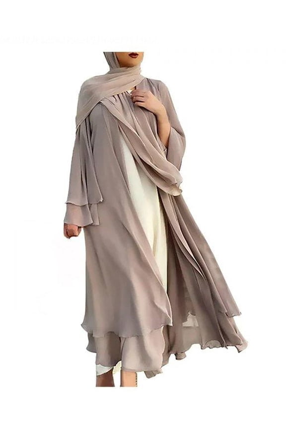 Women Chiffon Muslim Dress Solid Middle East Arabian Robe Islamic Open Front Abaya Long Sleeve Flowy Maxi Cardigan Dress