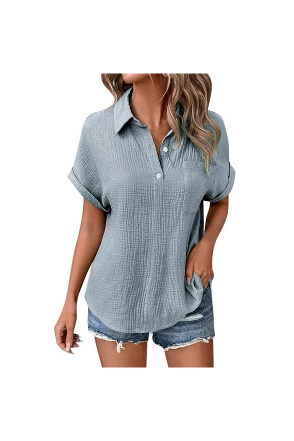 Women's Muslin Linen Blend Short Sleeve Tunic Top: Breathable Loose Fit Summer Blouse with Side Slits