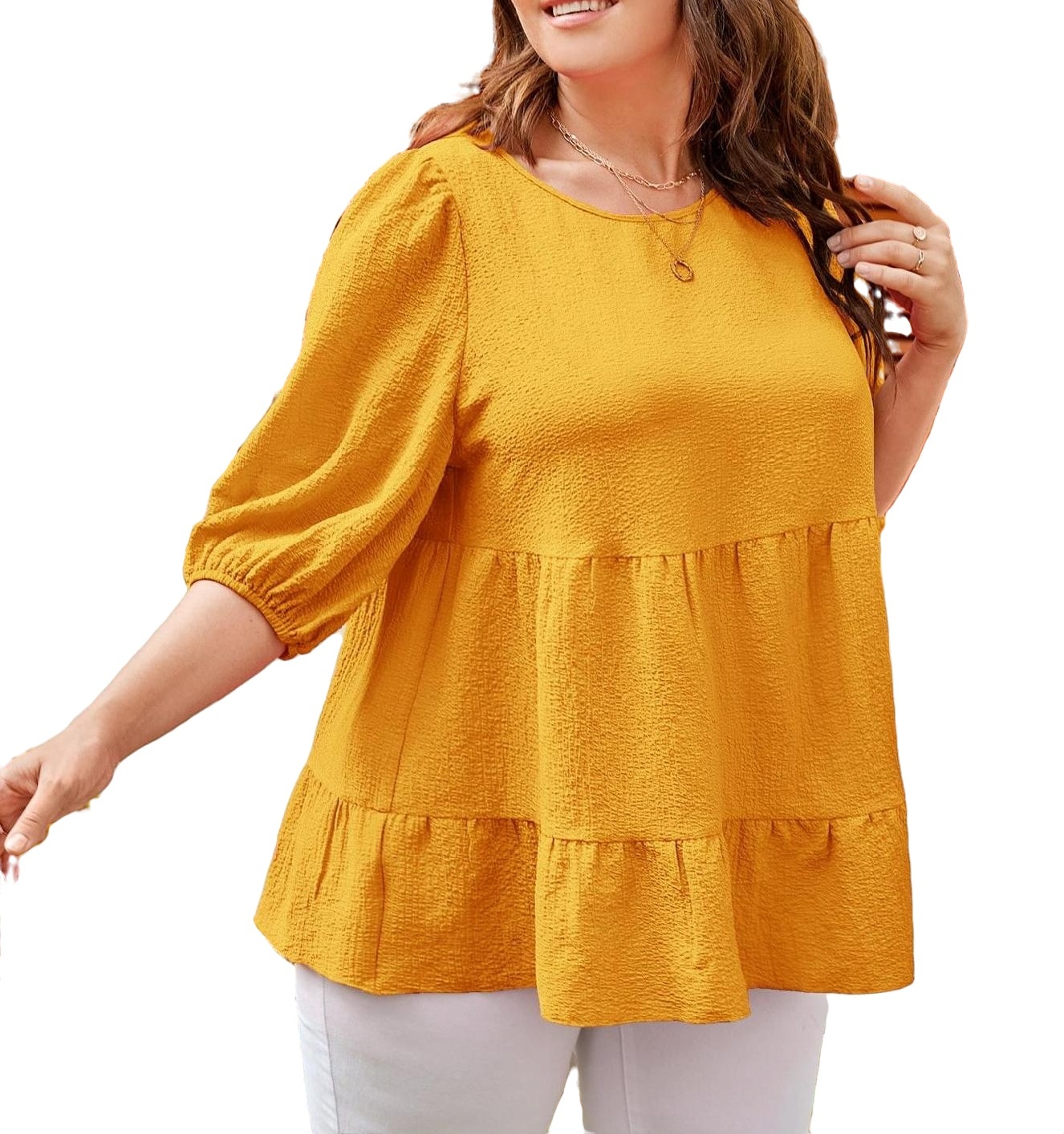 Women's Mustard Yellow Plain Round Neck Cute 3/4 Sleeve Plus Size
