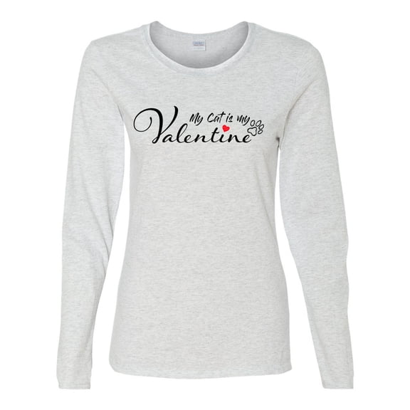Women's My Cat is My Valentine Ladies Fit Long Sleeve Tee-Ash Grey-large