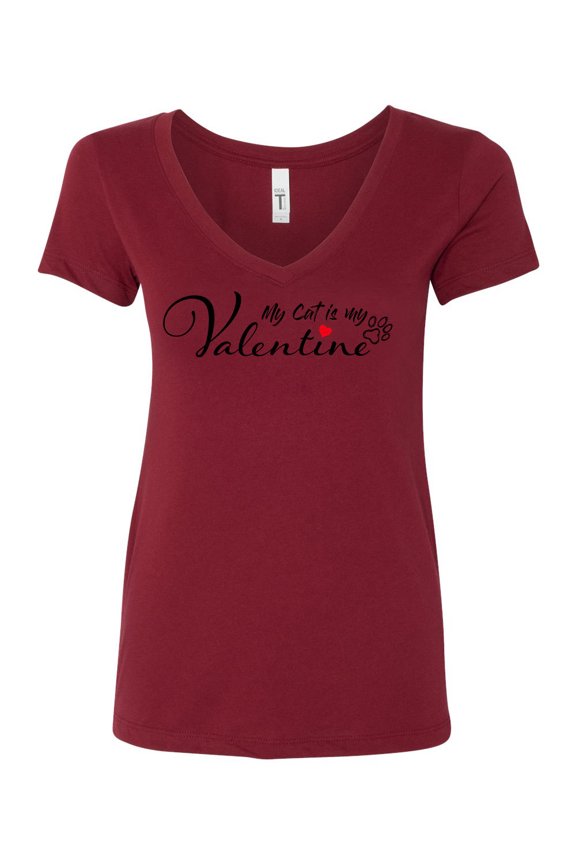 Women's My Cat is My Valentine Next Level Ladies V Neck Short Sleeve T-shirt-Cardinal-xxl